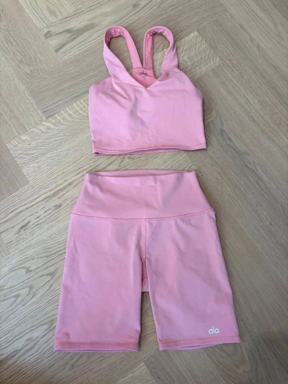 Alo Yoga Airlift High-Waist Biker Shorts & Longline Sports Bra Set Pink